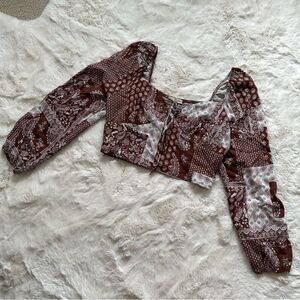 Pacsun LA Hearts L paisley brown and white cropped bustier puff sleeve